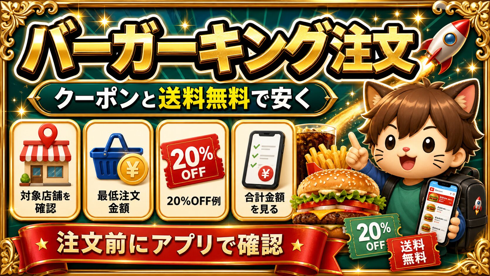 ロケットナウでバーガーキングをクーポンと送料無料で注文する方法をカイトくんが解説する画像