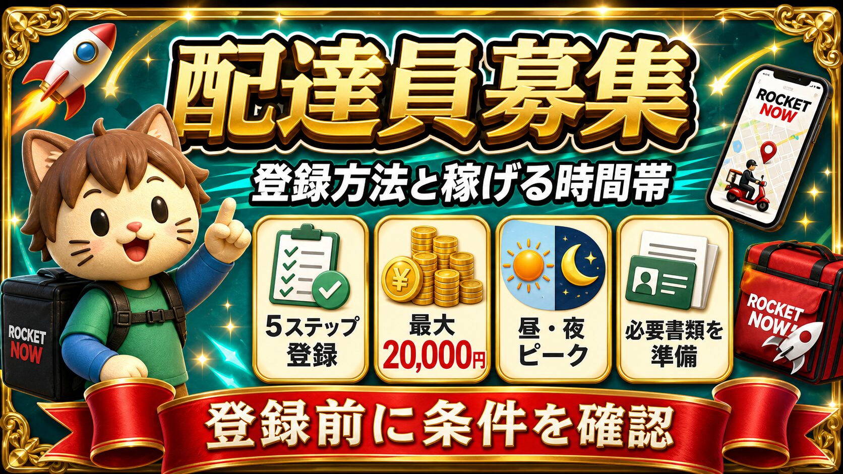 ロケットナウ配達員募集と登録方法・稼げる時間帯をカイトくんが解説する画像