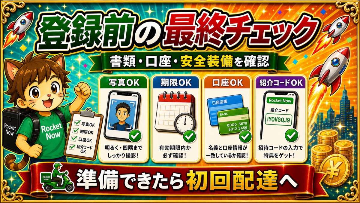 ロケットナウ配達員の登録前最終チェック