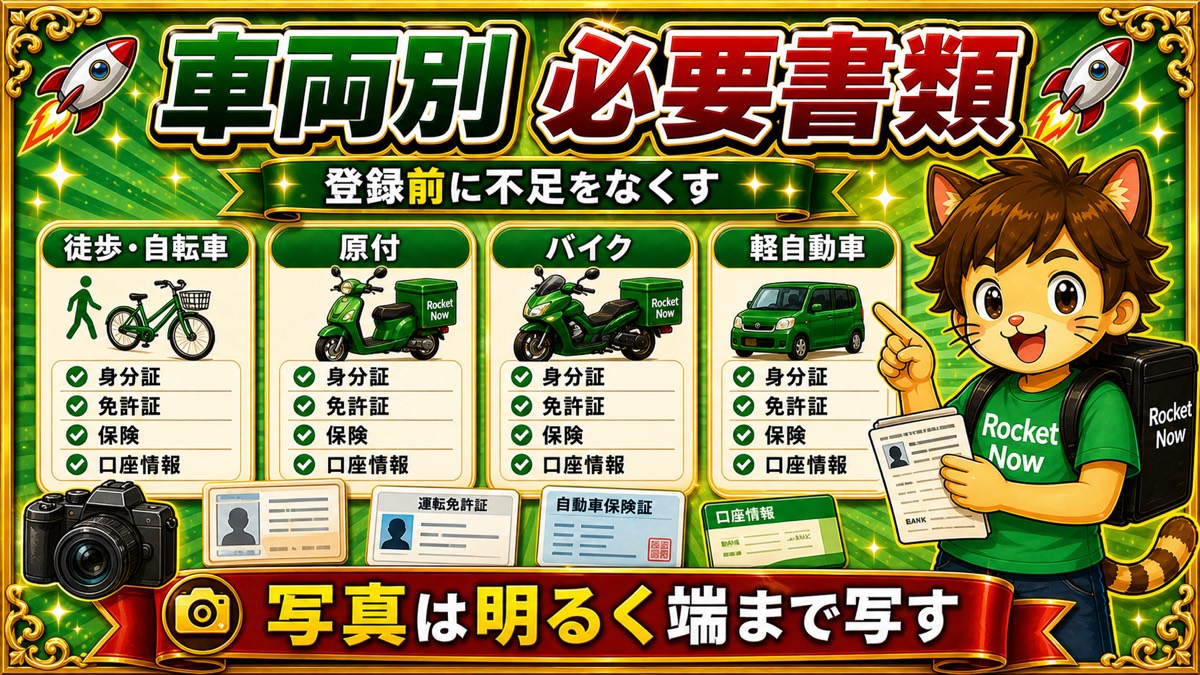 ロケットナウ配達員の車両別必要書類