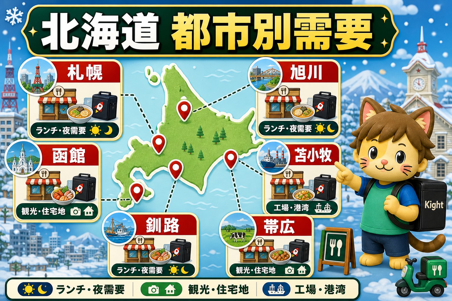 北海道の札幌、函館、旭川、苫小牧、釧路、帯広のデリバリー需要を整理した図解