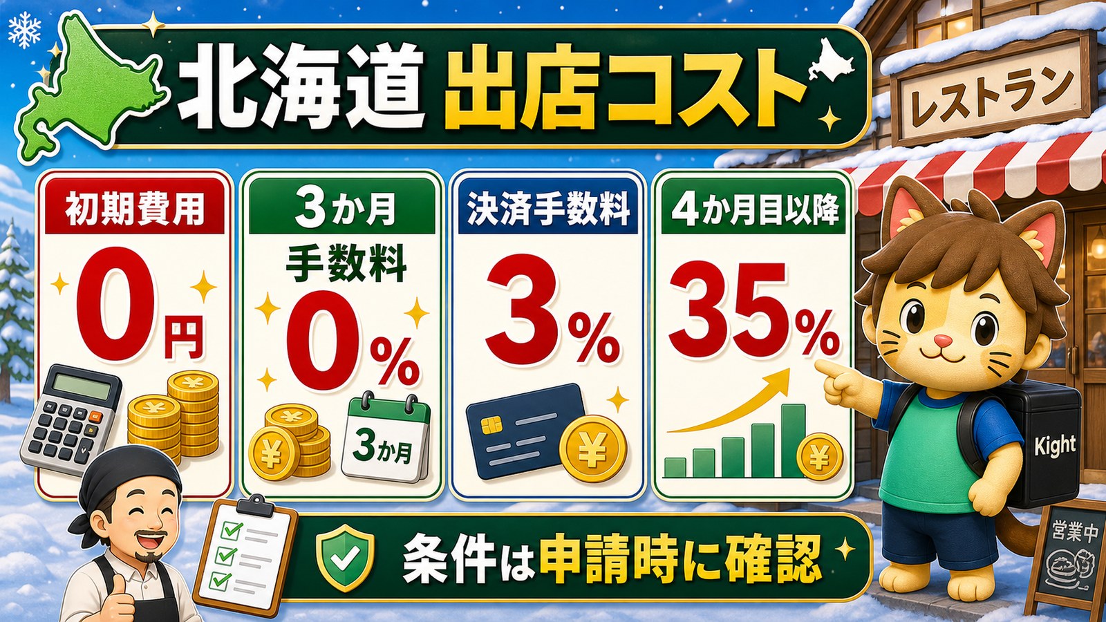 ロケットナウ加盟店の初期費用、3か月手数料0%、決済手数料、4か月目以降の手数料を整理した図解