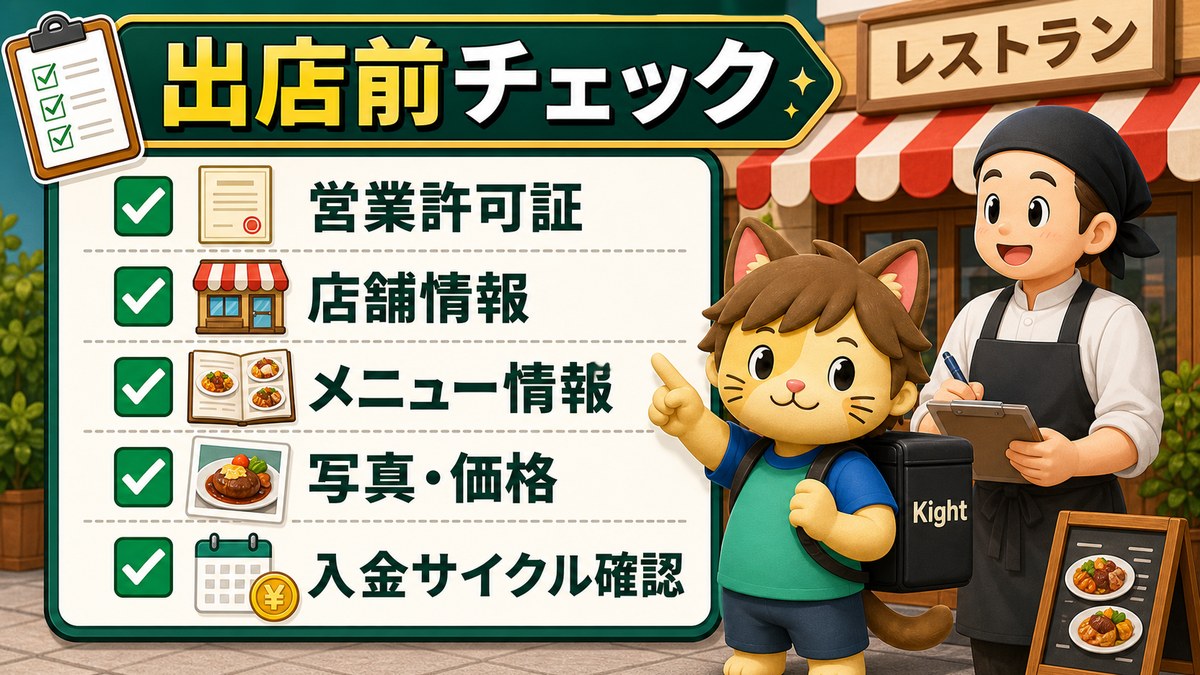 ロケットナウ出店前に準備する営業許可証、店舗情報、メニュー情報のチェック図解