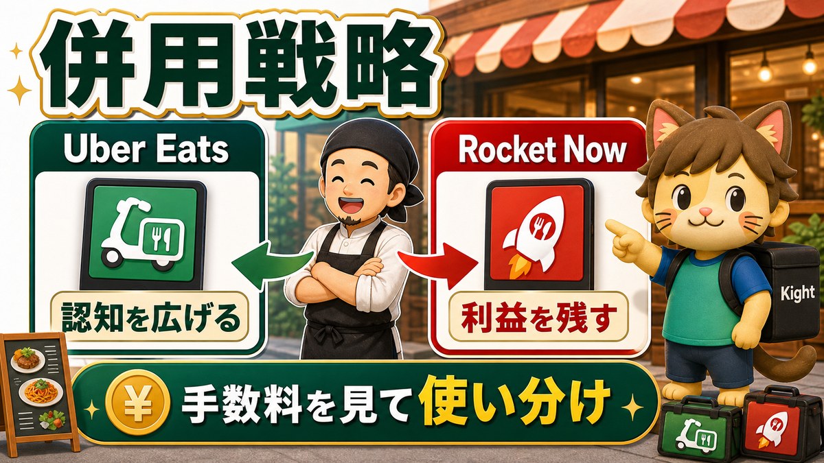 Rocket NowとUber Eatsを手数料と集客で使い分ける併用戦略の図解