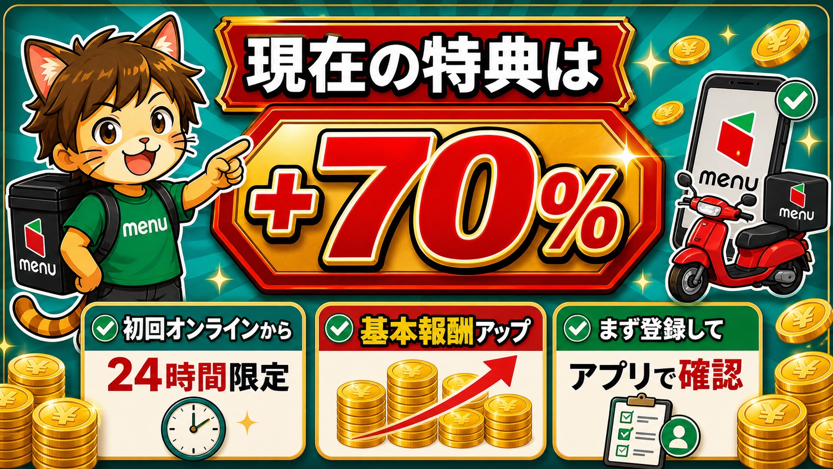 menu配達員 初回オンライン24時間 基本報酬70%アップキャンペーン