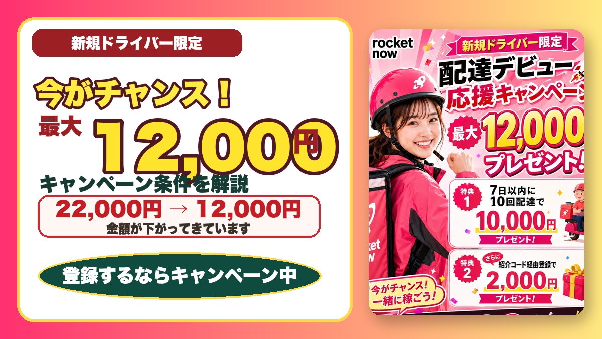 ロケットナウ配達員 最大12,000円キャンペーン特設サムネイル