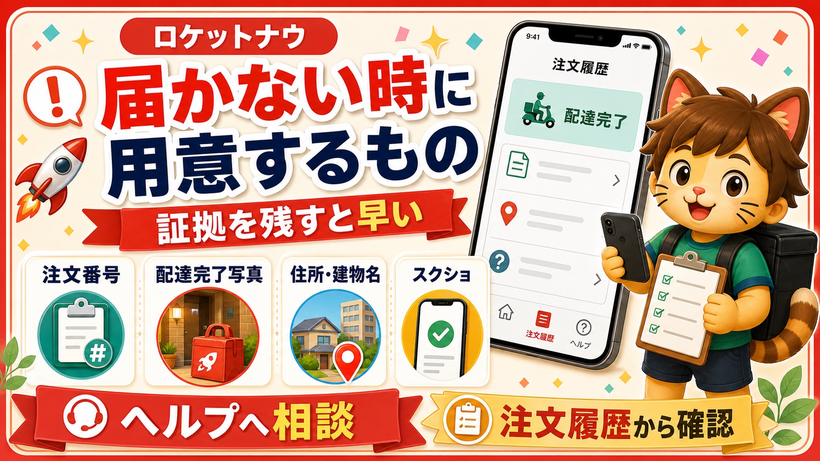 ロケットナウで届かない時に注文番号配達完了写真住所スクショを用意する